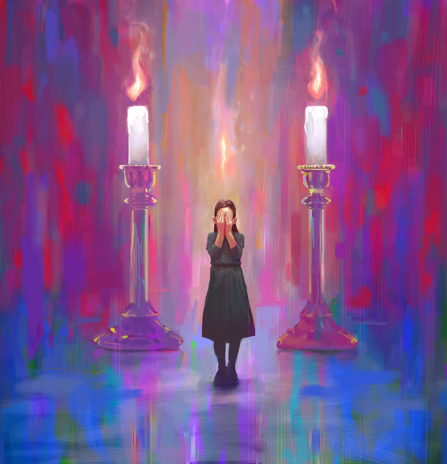 Painterly scene of a girl covering her eyes before two lit candles against a field of magenta, violet and blue
