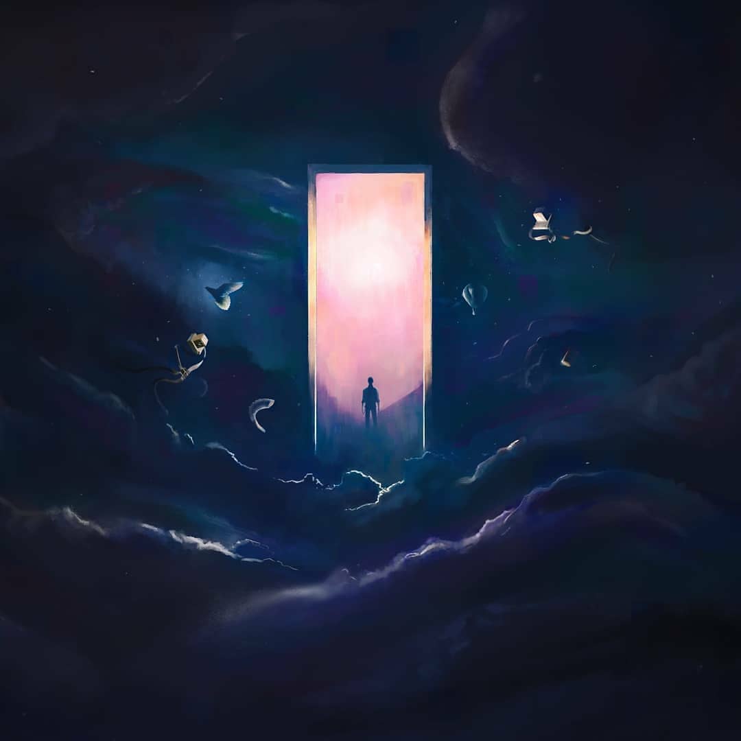 Digital painting of a glowing doorway standing open in dark violet clouds, with a small figure silhouetted in the light