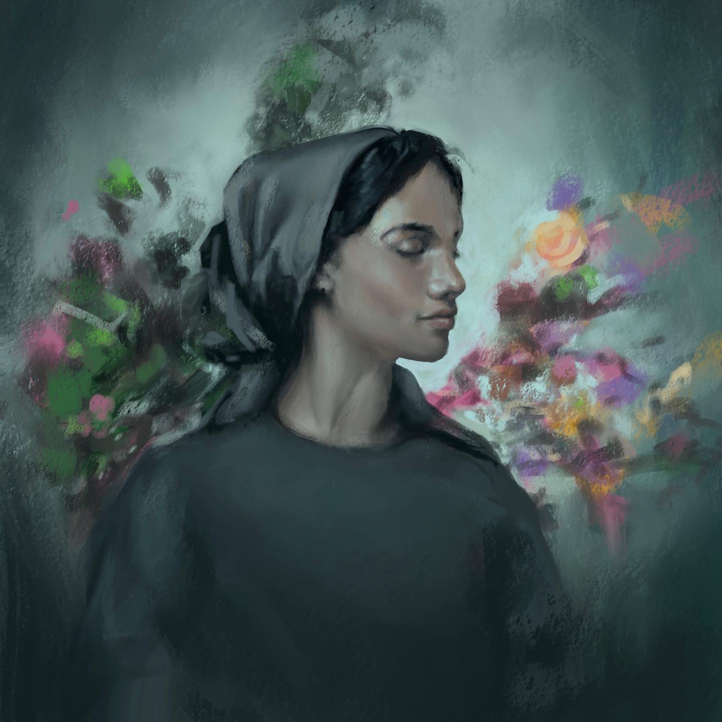 Portrait of a woman in a headscarf in profile, surrounded by loosely painted flowers