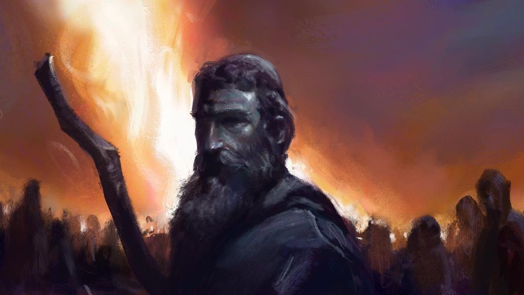 Painting of a robed figure raising a staff before a vast crowd under a burning orange sky