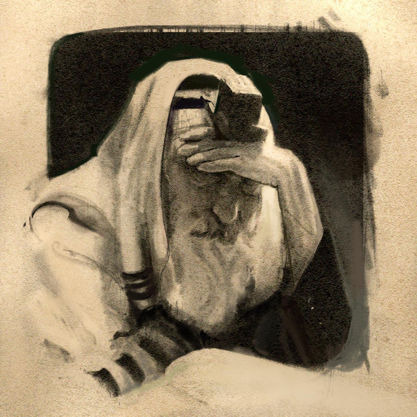 Monochrome charcoal-style study of a man in tallis and tefillin covering his eyes