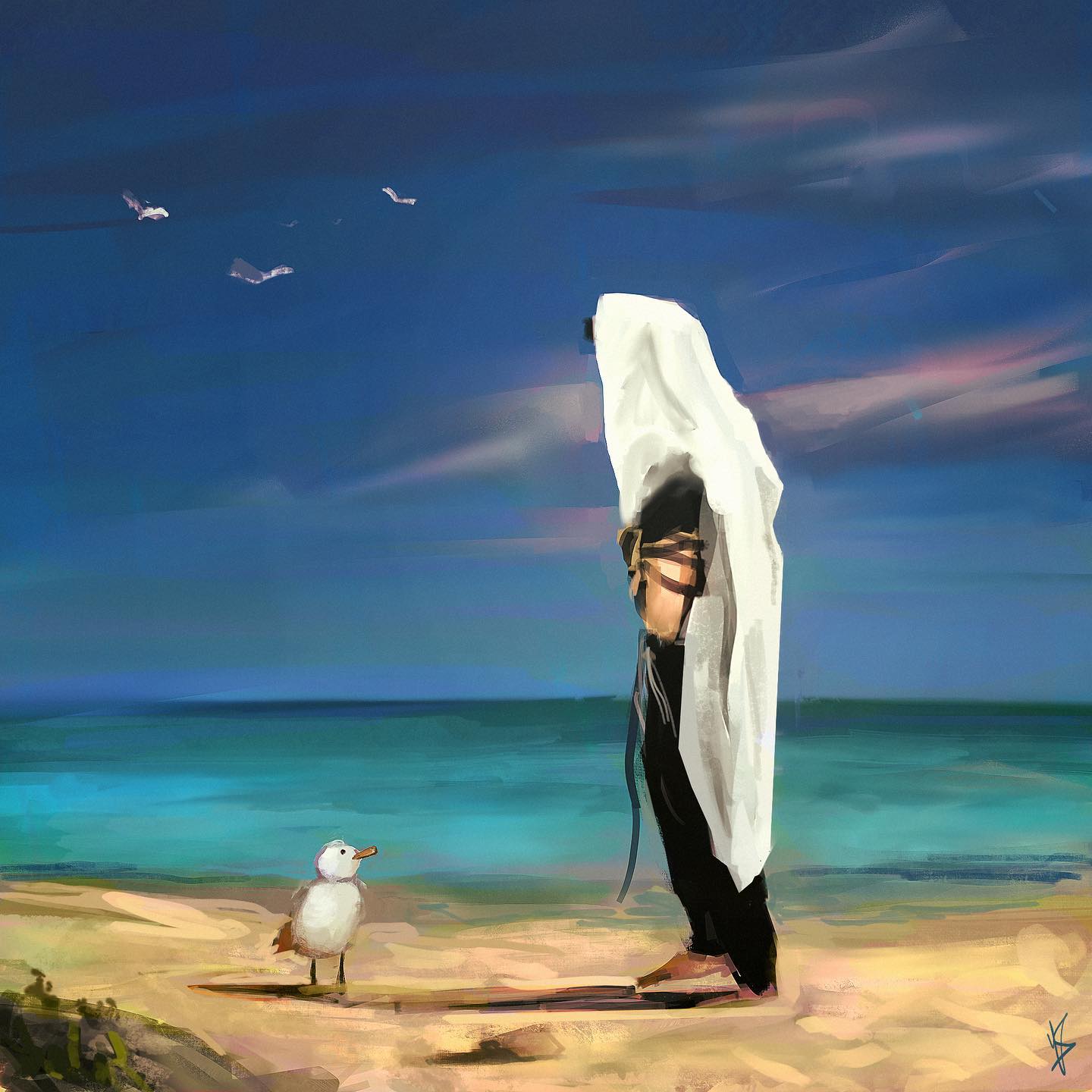 A figure wrapped in a tallis standing at the shoreline under a deep blue sky