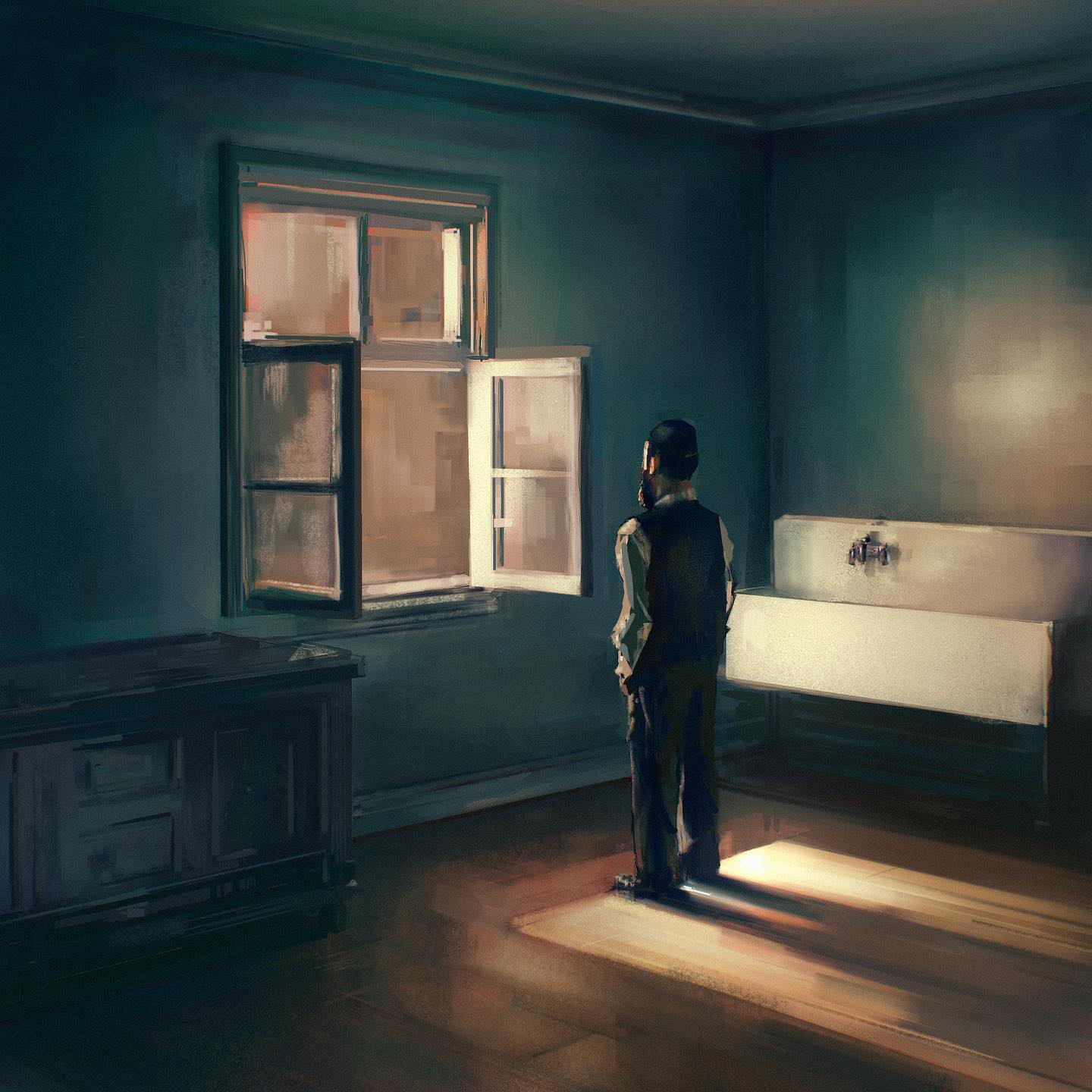 A figure standing at an open window in a dim green room, light falling across the floor